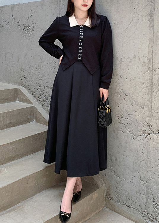 Women Black Peter Pan Collar Tops And Skirts Cotton Two Pieces Set Fall
