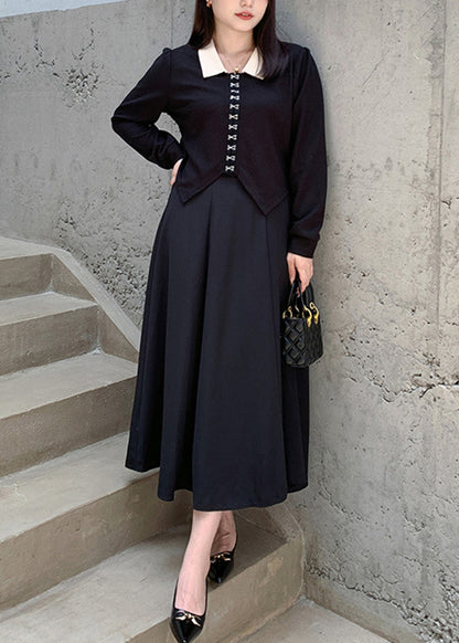 Women Black Peter Pan Collar Tops And Skirts Cotton Two Pieces Set Fall