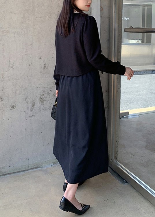 Women Black Peter Pan Collar Tops And Skirts Cotton Two Pieces Set Fall