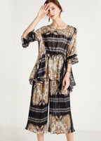 Women Black Print  Apricot O-Neck Top Wide Leg Summer Two Pieces Set