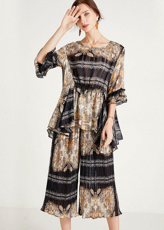 Women Black Print  Apricot O-Neck Top Wide Leg Summer Two Pieces Set
