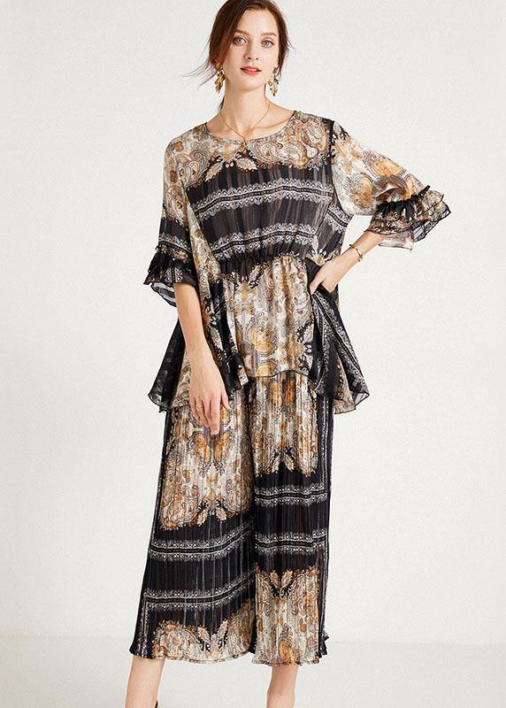Women Black Print  Apricot O-Neck Top Wide Leg Summer Two Pieces Set