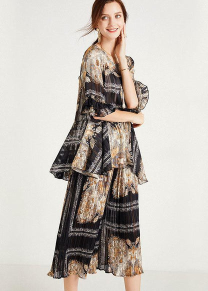 Women Black Print  Apricot O-Neck Top Wide Leg Summer Two Pieces Set