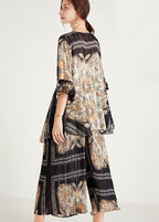 Women Black Print  Apricot O-Neck Top Wide Leg Summer Two Pieces Set