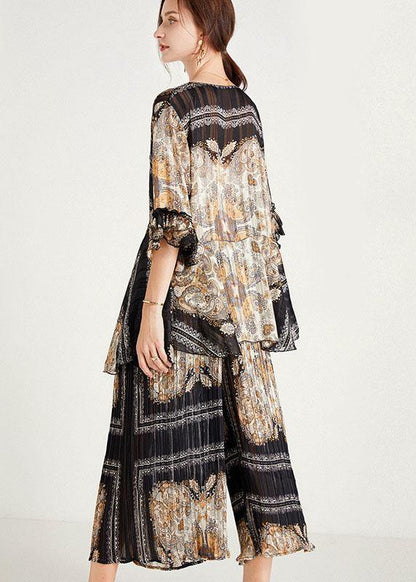 Women Black Print  Apricot O-Neck Top Wide Leg Summer Two Pieces Set