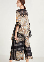 Load image into Gallery viewer, Women Black Print  Apricot O-Neck Top Wide Leg Summer Two Pieces Set