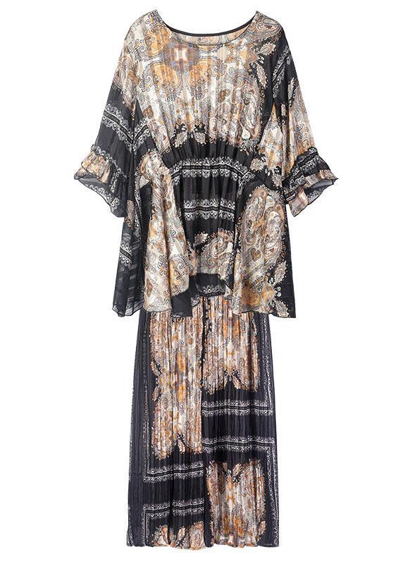 Women Black Print  Apricot O-Neck Top Wide Leg Summer Two Pieces Set