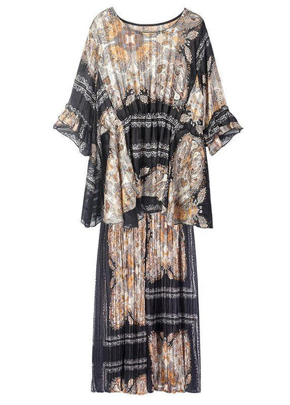 Women Black Print  Apricot O-Neck Top Wide Leg Summer Two Pieces Set