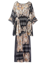 Load image into Gallery viewer, Women Black Print  Apricot O-Neck Top Wide Leg Summer Two Pieces Set
