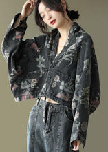 Load image into Gallery viewer, Women Black Print Batwing Sleeve Denim tops
