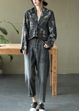 Load image into Gallery viewer, Women Black Print Batwing Sleeve Denim tops