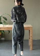 Load image into Gallery viewer, Women Black Print Batwing Sleeve Denim tops