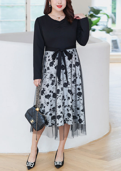 Women Black Print Lace Up Tulle Patchwork Dress Long Sleeve