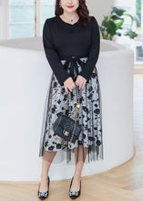 Load image into Gallery viewer, Women Black Print Lace Up Tulle Patchwork Dress Long Sleeve