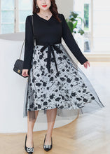 Load image into Gallery viewer, Women Black Print Lace Up Tulle Patchwork Dress Long Sleeve