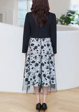 Load image into Gallery viewer, Women Black Print Lace Up Tulle Patchwork Dress Long Sleeve