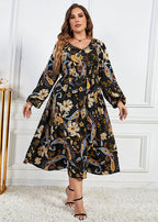 Women Black Print Tie Waist Patchwork Cotton Dresses Fall