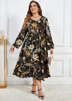 Women Black Print Tie Waist Patchwork Cotton Dresses Fall