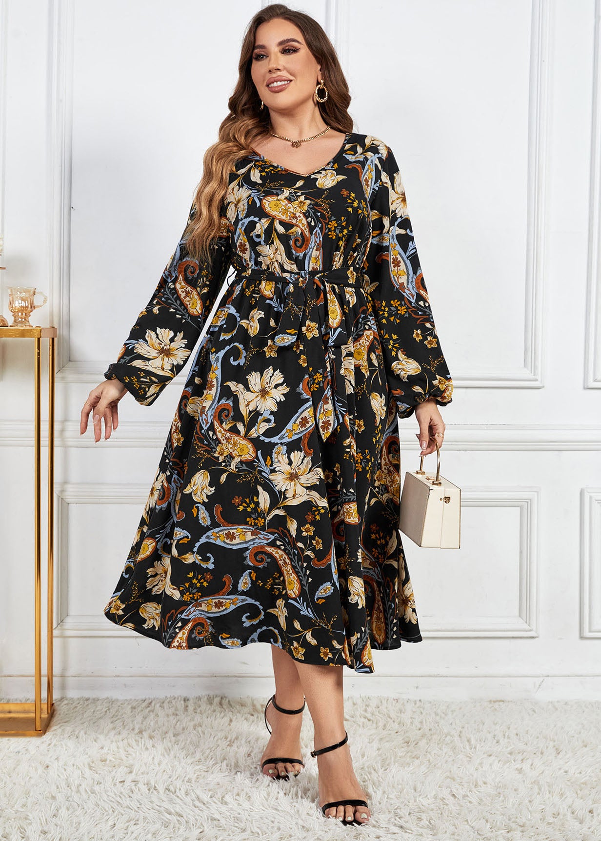 Women Black Print Tie Waist Patchwork Cotton Dresses Fall