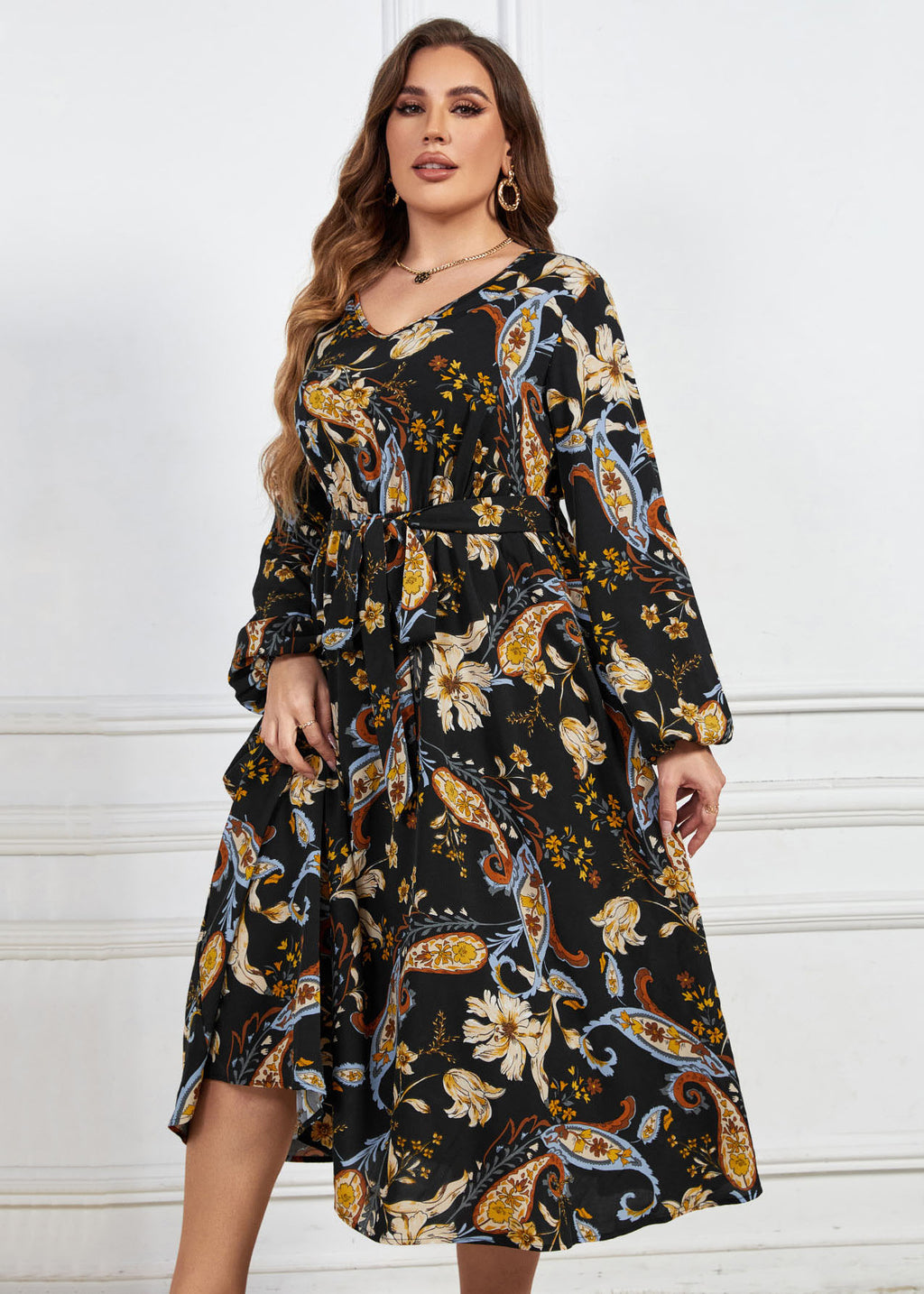 Women Black Print Tie Waist Patchwork Cotton Dresses Fall