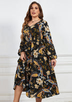 Women Black Print Tie Waist Patchwork Cotton Dresses Fall