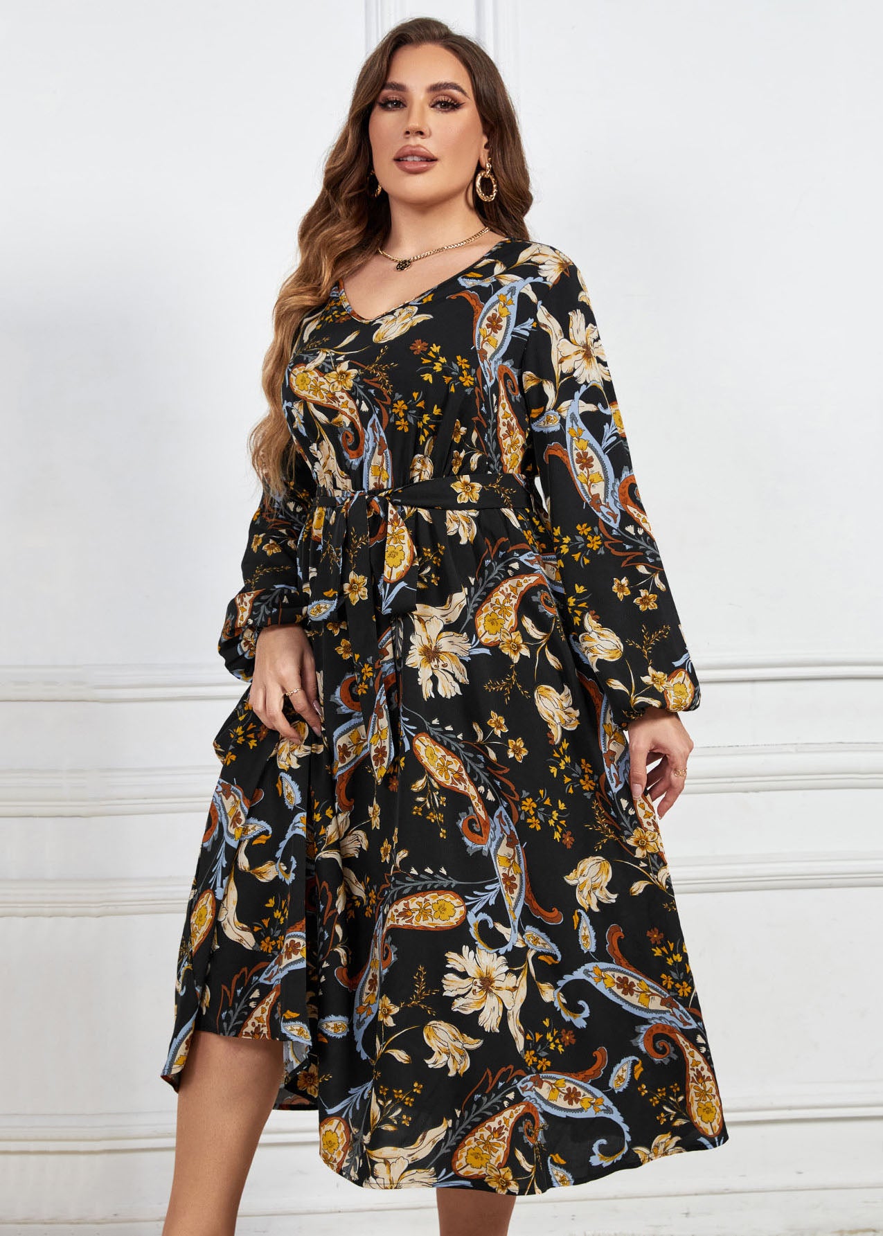 Women Black Print Tie Waist Patchwork Cotton Dresses Fall