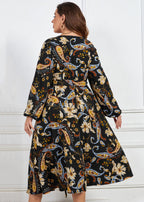 Women Black Print Tie Waist Patchwork Cotton Dresses Fall