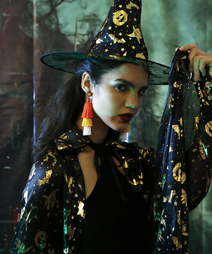 Women Black Rice Ball Silk Cotton Tassel Drop Earrings