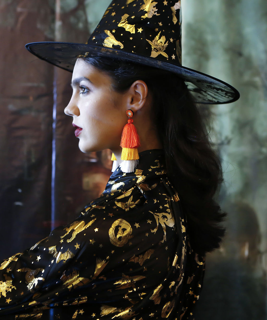 Women Black Rice Ball Silk Cotton Tassel Drop Earrings