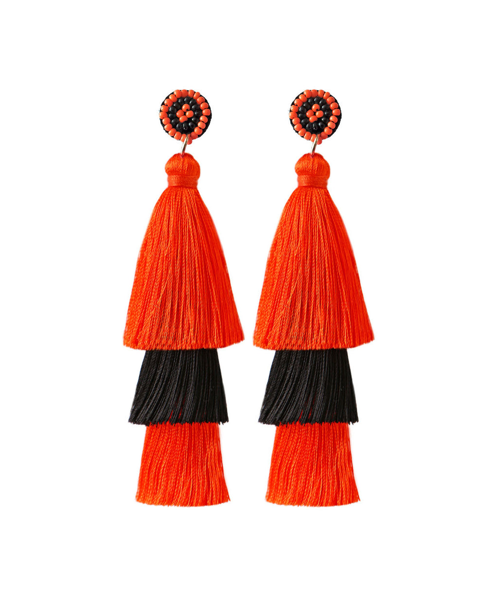 Women Black Rice Ball Silk Cotton Tassel Drop Earrings