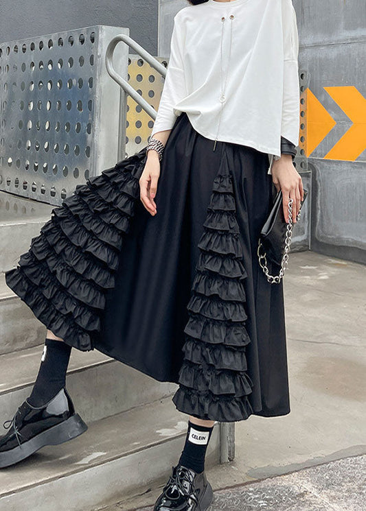 Women Black Ruffled Patchwork A Line Fall Skirts