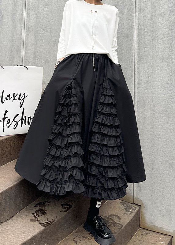 Women Black Ruffled Patchwork A Line Fall Skirts