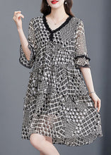Load image into Gallery viewer, Women Black Ruffled Patchwork Print Exra Large Hem Chiffon Dresses Half Sleeve