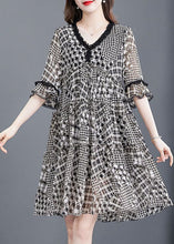 Load image into Gallery viewer, Women Black Ruffled Patchwork Print Exra Large Hem Chiffon Dresses Half Sleeve