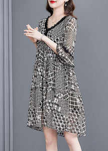Women Black Ruffled Patchwork Print Exra Large Hem Chiffon Dresses Half Sleeve