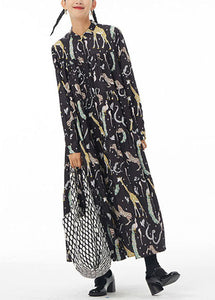 Women Black Stand Collar Animal Print Patchwork Cotton Shirts Dress Spring