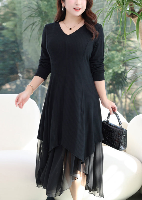 Women Black V Neck Asymmetrical Patchwork Cotton Dress Fall