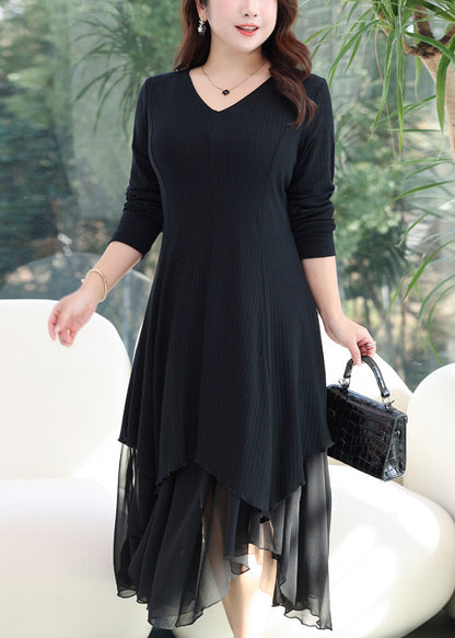Women Black V Neck Asymmetrical Patchwork Cotton Dress Fall