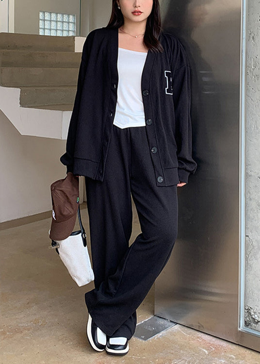 Women Black V Neck Button Patchwork Coat And Pants Cotton Two Pieces Set Fall
