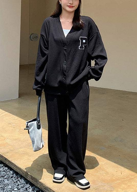 Women Black V Neck Button Patchwork Coat And Pants Cotton Two Pieces Set Fall