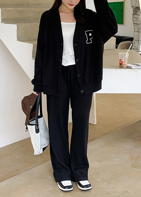 Women Black V Neck Button Patchwork Coat And Pants Cotton Two Pieces Set Fall
