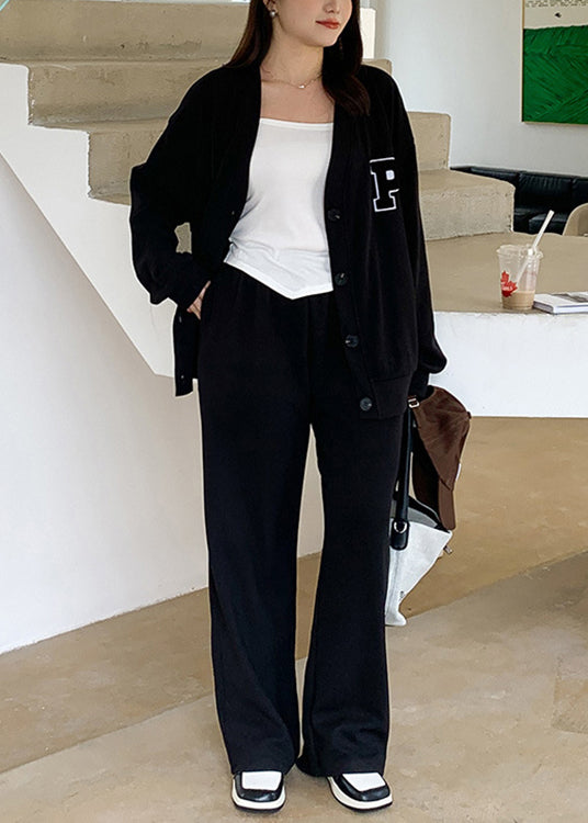 Women Black V Neck Button Patchwork Coat And Pants Cotton Two Pieces Set Fall