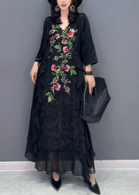 Load image into Gallery viewer, Women Black V Neck Embroideried Patchwork Chiffon Long Dress Summer