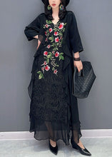 Load image into Gallery viewer, Women Black V Neck Embroideried Patchwork Chiffon Long Dress Summer