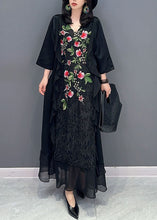 Load image into Gallery viewer, Women Black V Neck Embroideried Patchwork Chiffon Long Dress Summer