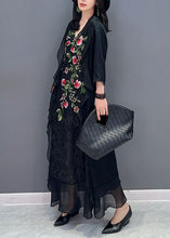 Load image into Gallery viewer, Women Black V Neck Embroideried Patchwork Chiffon Long Dress Summer