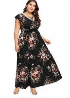 Women Black V Neck Print Patchwork Chiffon Long Dresses Short Sleeve