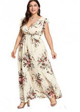 Load image into Gallery viewer, Women Black V Neck Print Patchwork Chiffon Long Dresses Short Sleeve