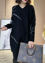 Load image into Gallery viewer, Women Black V Neck Sequins Oversized Long Knit Dress Winter