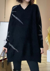 Women Black V Neck Sequins Oversized Long Knit Dress Winter